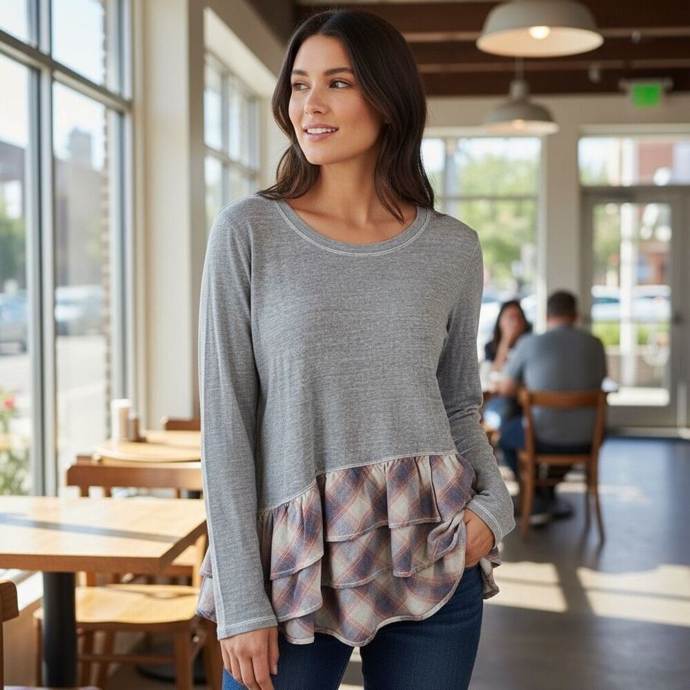 Dylan Mixed Media Plaid Flannel Ruffle Top Small